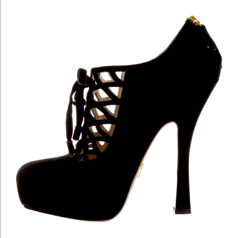Prada cage black suede booties 36 6